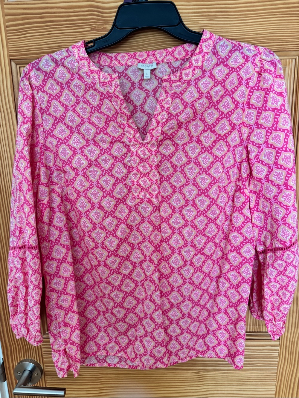 Talbots Pretty in Pink, Patterned Split-Neck Women’s Blouse, 100% cotton